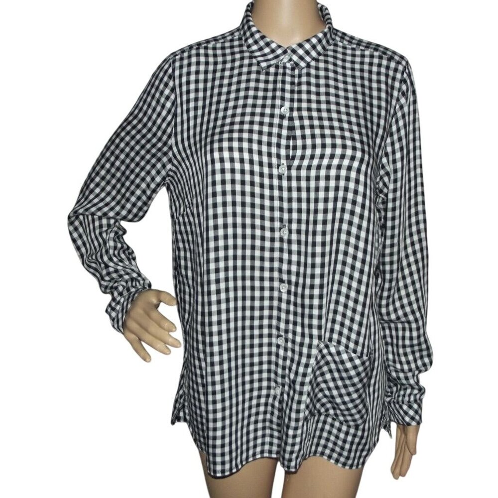 J. Jill Shirt Womens Size Small black white checkered button down collar pocket